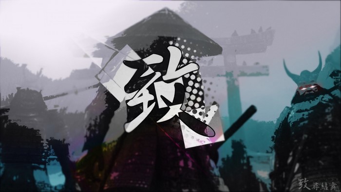 Samurai with Japanese calligraphy and torii gate