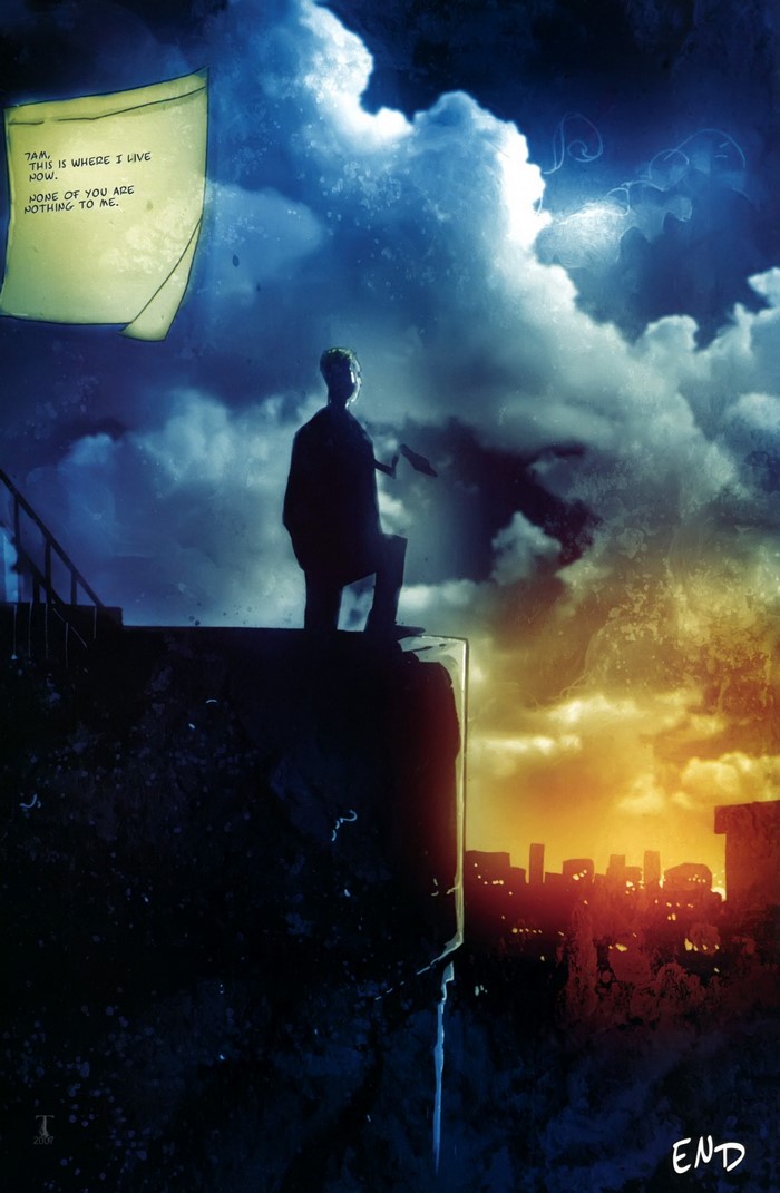 Man standing on cliff edge with note and city skyline