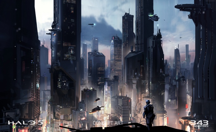 Halo 5: Guardians concept art of a futuristic city with a soldier