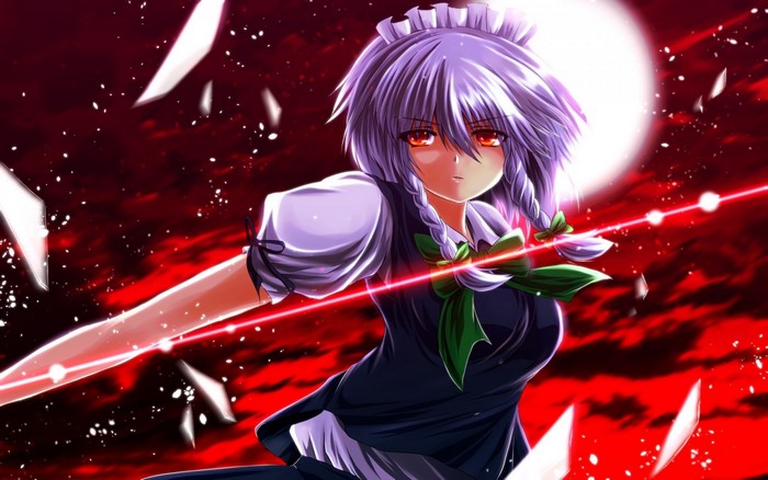 Izayoi Sakuya from Touhou with red eyes and braids