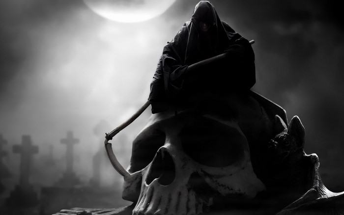 Grim Reaper Sitting on a Giant Skull at Night