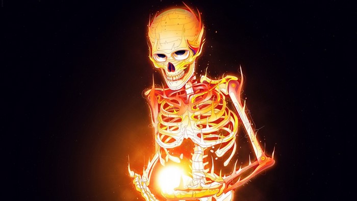 Burning skeleton holding a glowing orb
