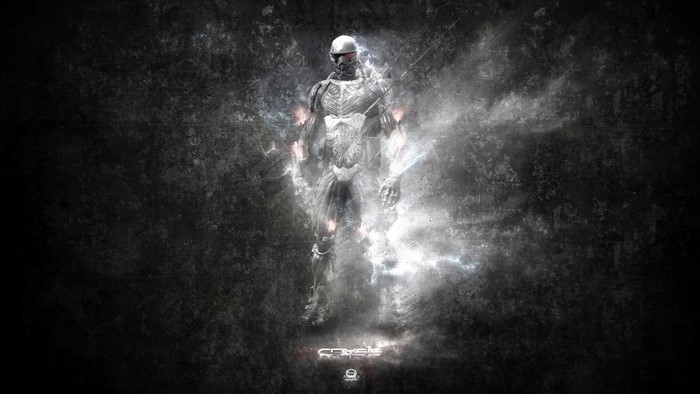 Crysis Nanosuit with glowing effects on dark background