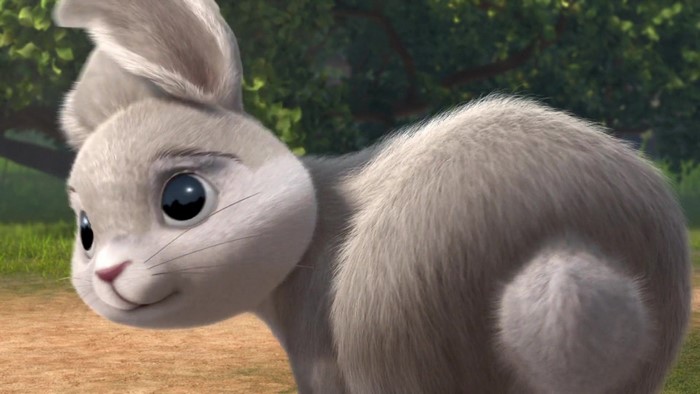 A CGI rabbit with large eyes in a grassy area