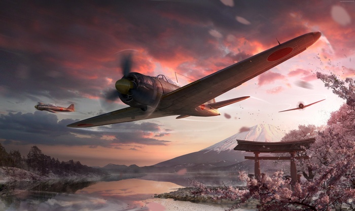 World of Warplanes airplanes over Mt. Fuji at sunset