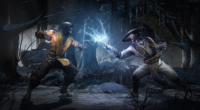 Scorpion and Raiden fighting in Mortal Kombat X