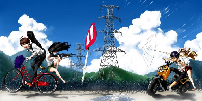 Anime characters on a bicycle and motorcycle with guns