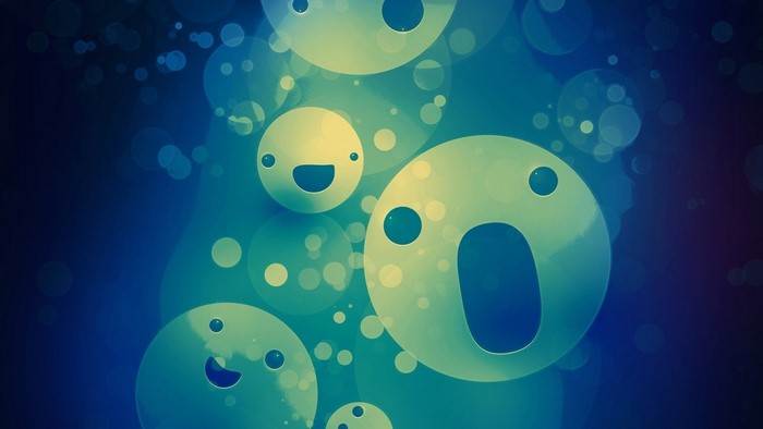 Abstract blue and teal background with smiley faces