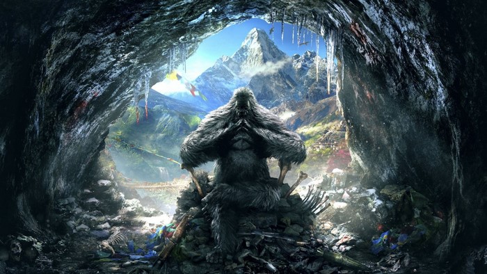 Yeti in a cave overlooking a mountain range in Far Cry 4