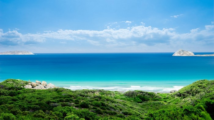 Serene Tropical Bay with Clear Blue Ocean