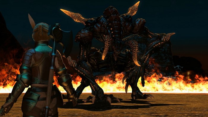 Final Fantasy XIV: A Realm Reborn screenshot of a monster and warrior
