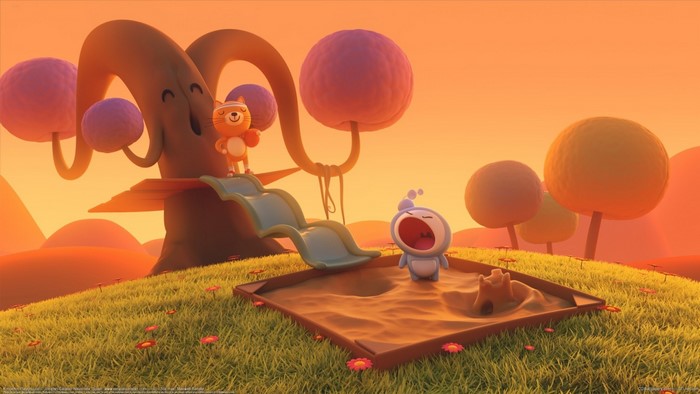 Cartoon characters playing in a sandbox and on a slide