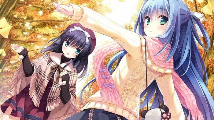 Two anime girls in autumn forest
