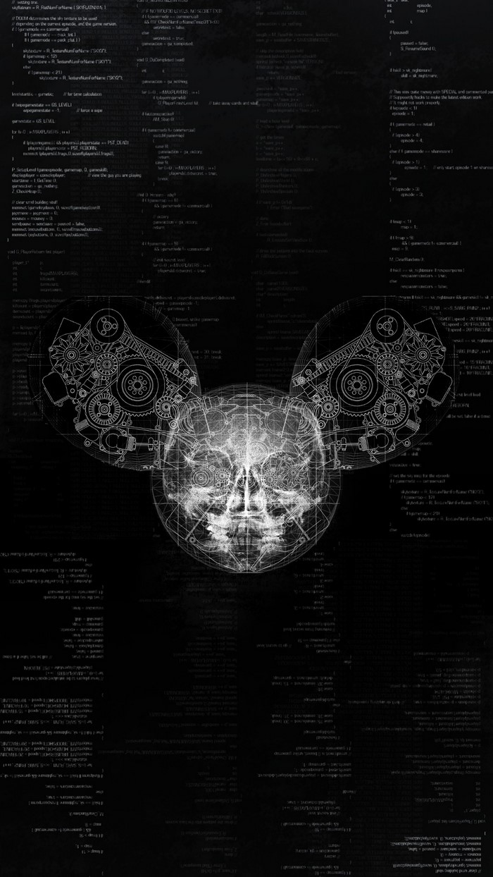 Deadmau5 skull and gears illustration with code