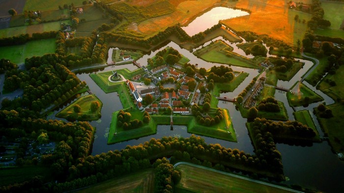 Fort Bourtange aerial view at sunset