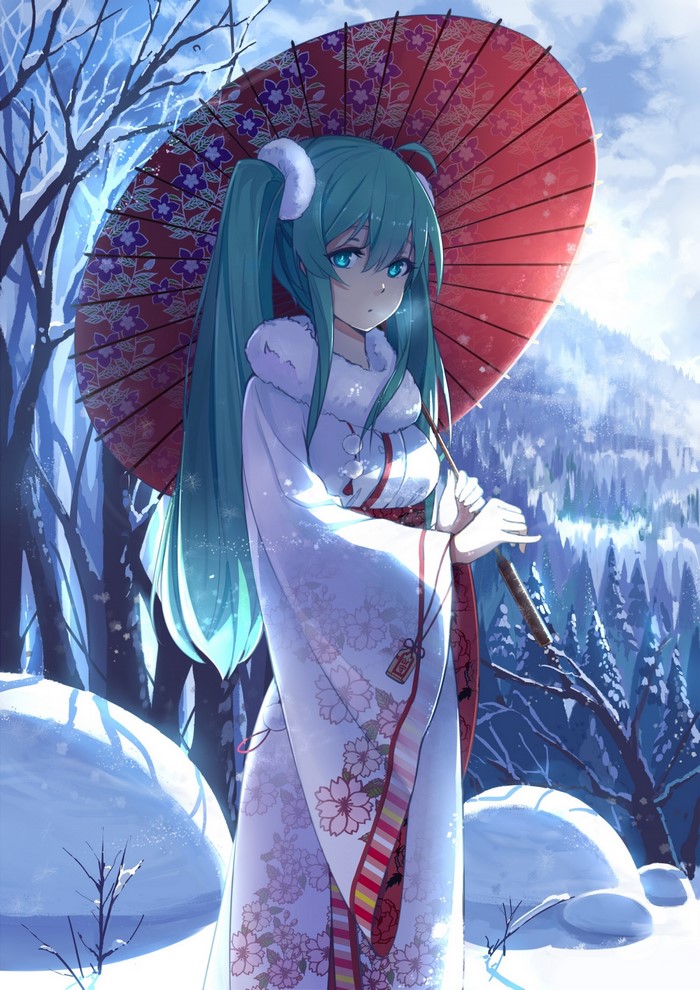 Hatsune Miku in Kimono with Umbrella in Snow