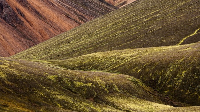 Moss-covered hills and rocky slopes in Iceland