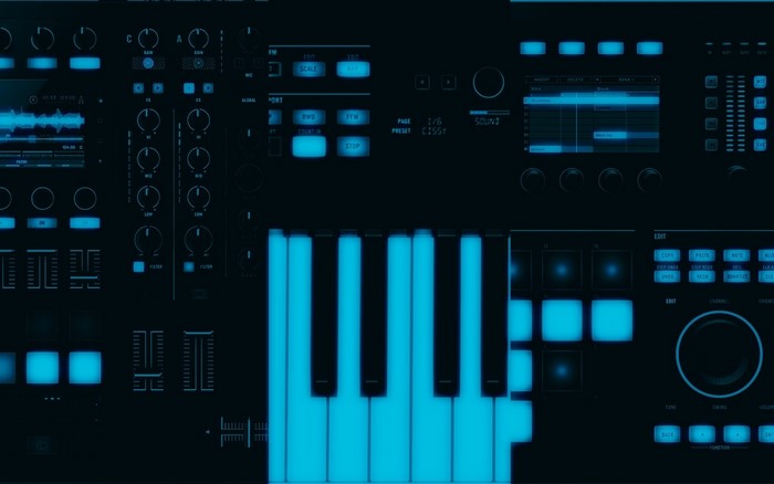 Electronic musical instrument with glowing blue keys and controls