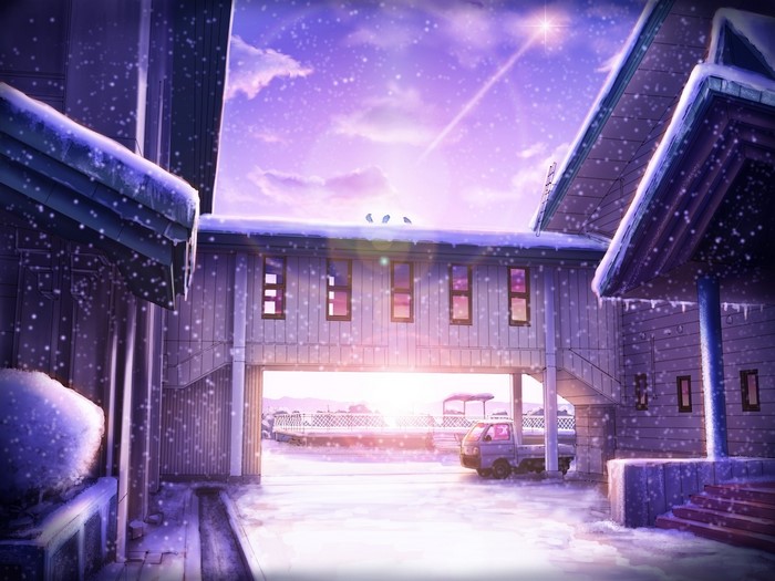 Anime winter scene with snow and sunlight