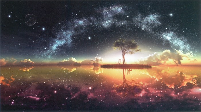 Fantasy landscape with a tree and a chair under a starry sky