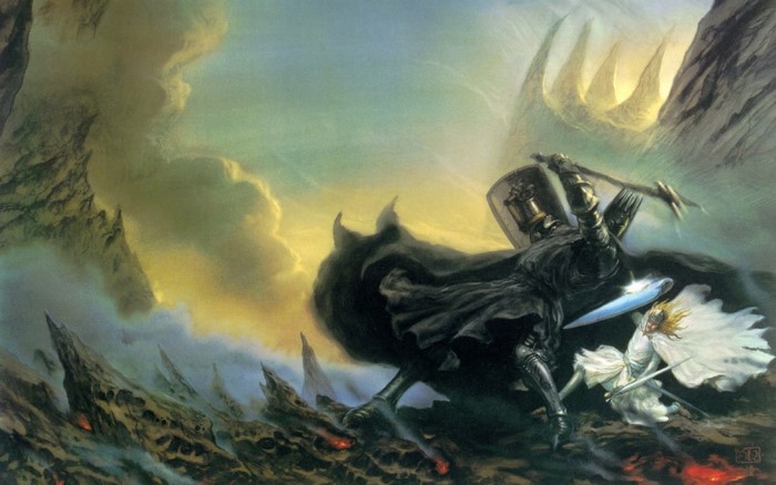 Morgoth and Fingolfin fighting in The Silmarillion