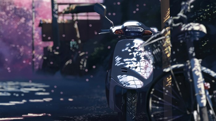 Motorcycle and bicycle with dappled sunlight