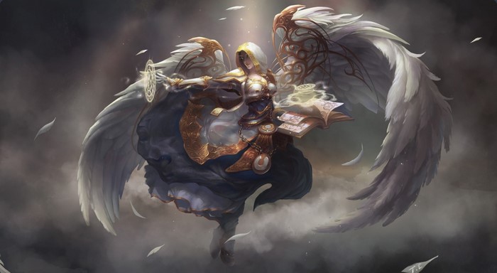 Angel casting a spell with a book