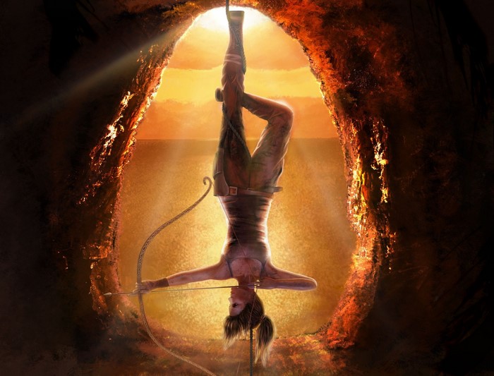 Lara Croft from Tomb Raider hanging upside down in a cave
