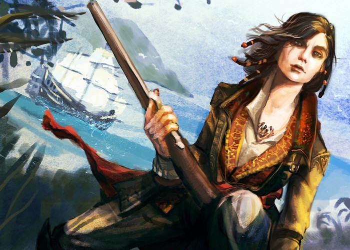 Assassin's Creed character with a rifle and ship