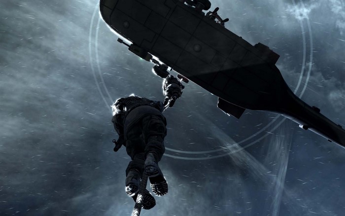 Soldier hanging from a helicopter in Call of Duty 4: Modern Warfare