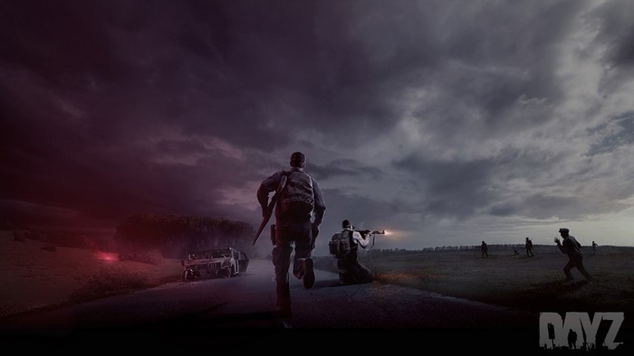 DayZ screenshot with soldiers and a car