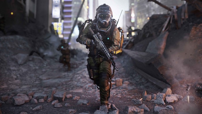 Soldier from Call of Duty: Advanced Warfare in a ruined city
