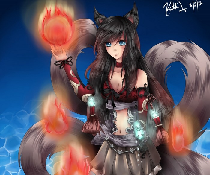 Ahri from League of Legends with fire orbs