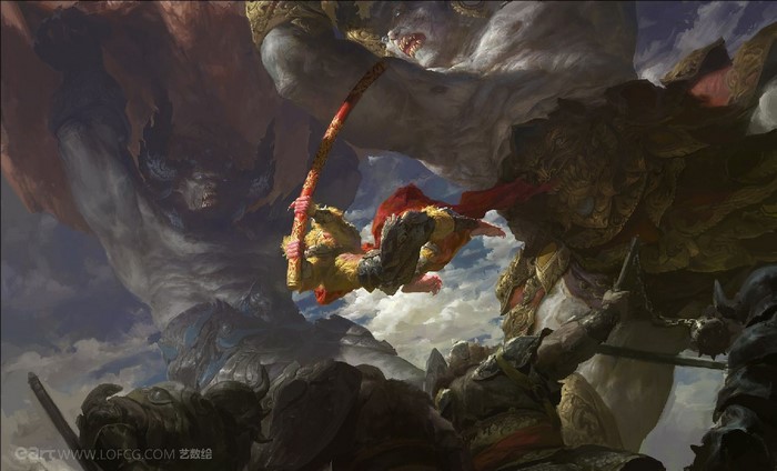 Sun Wukong fighting giants in a battle