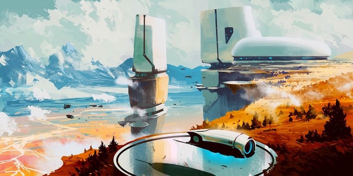 Sci-fi landscape with futuristic buildings and vehicles