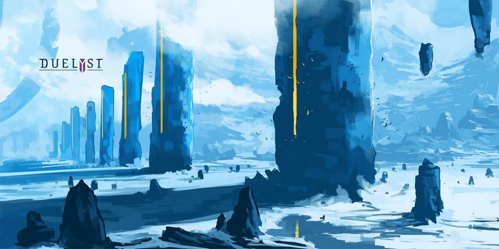 Duelyst fantasy art with blue monoliths in a snowy landscape