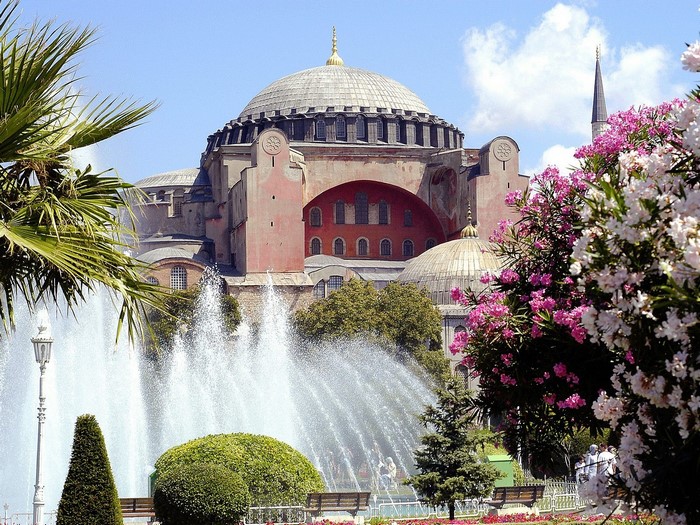 Hagia Sophia with Fountain and Flowers in Istanbul