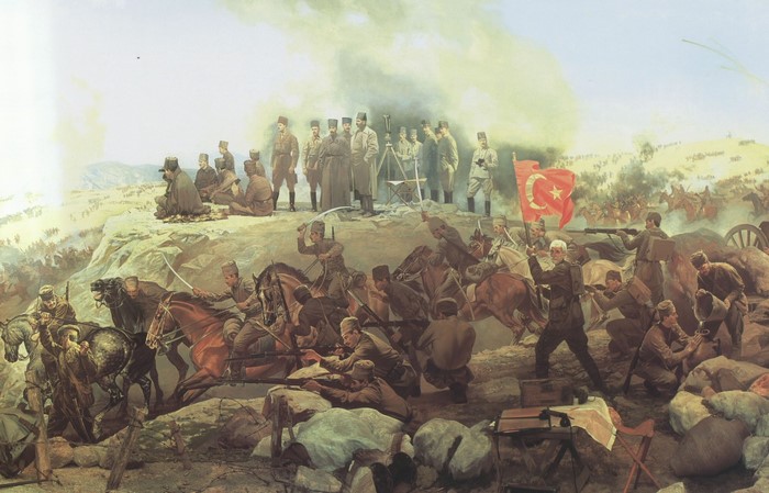 Painting of a battle with Turkish soldiers and flag