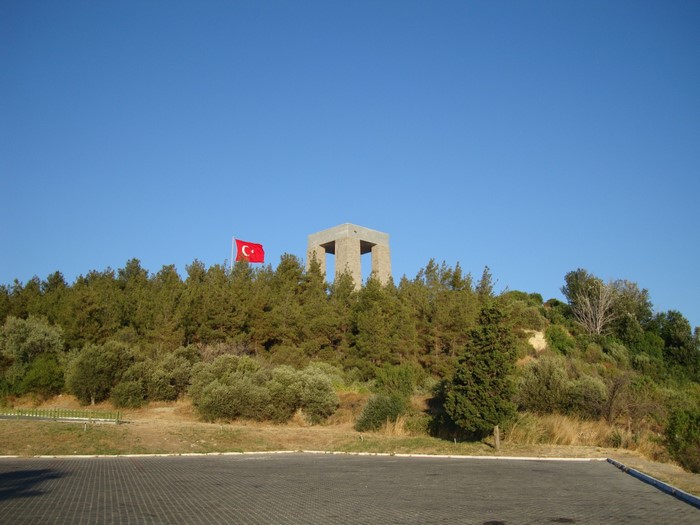 Canakkale Sehitlik monument with Turkish flag on a hill