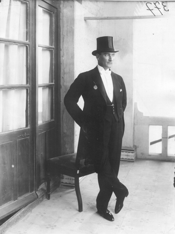 Mustafa Kemal Atatürk in a tuxedo and top hat
