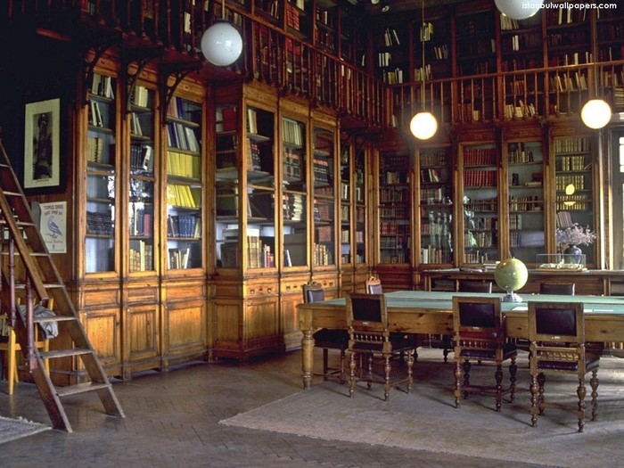 Interior of a grand library with wooden bookshelves and a long table