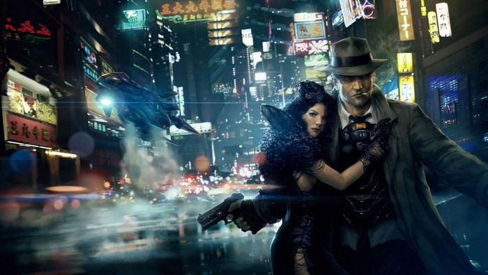 Couple with guns in a futuristic Chinatown at night
