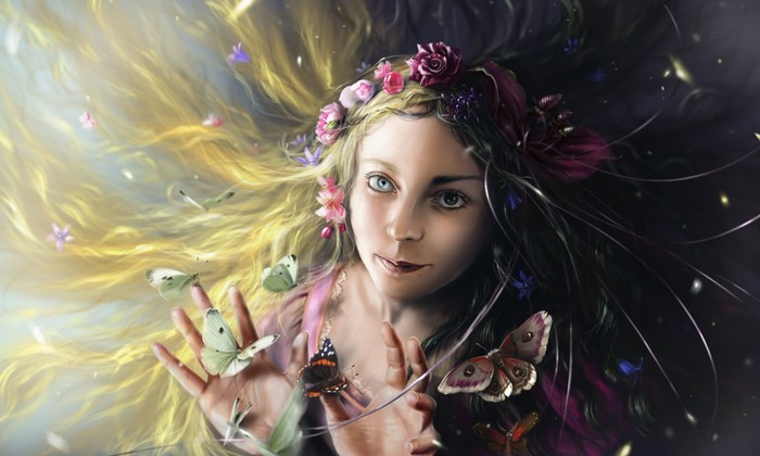 Fairy with butterflies and flowers in her hair