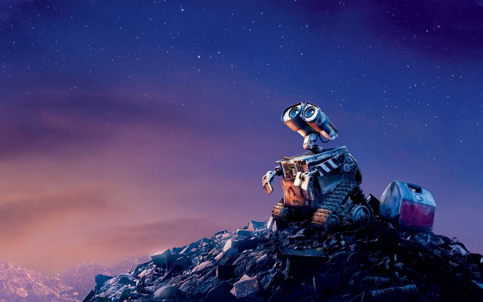 WALL-E on a pile of trash under a starry sky