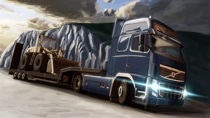 Blue Volvo Truck carrying a loader on a trailer