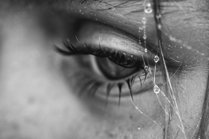 Close-up of a human eye with water drops