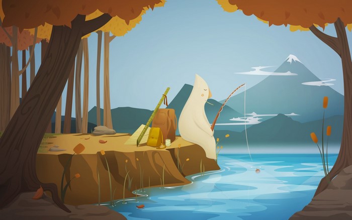 Ghost fishing by a lake with mountains in the background