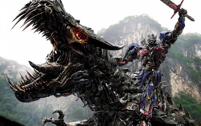 Optimus Prime Riding Grimlock in Transformers Age of Extinction