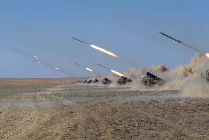 Kazakhstan Armed Forces multiple rocket launchers firing