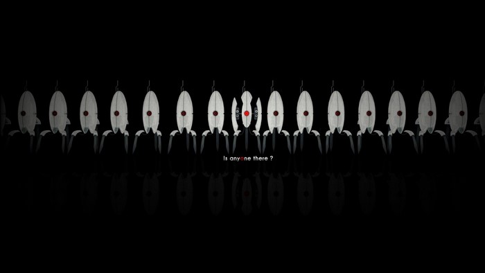 Turrets from Portal game with text "Is anyone there?"
